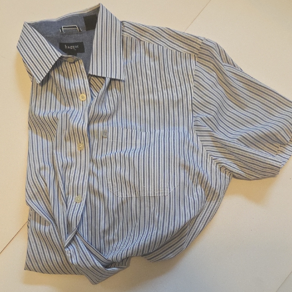 Haggar Men's Light Blue and White Striped Shirt